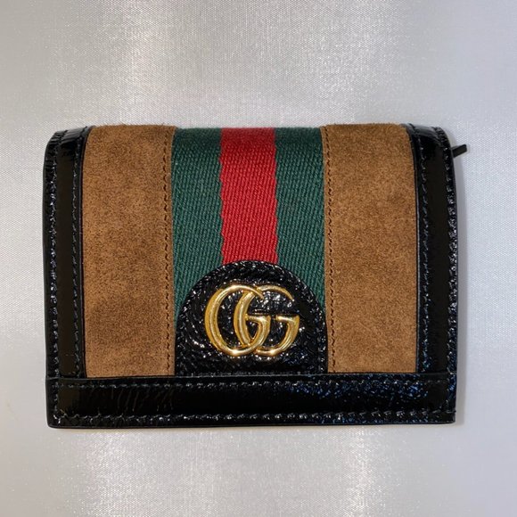 Gucci Ophidia GG Card Case Wallet Brown Suede and Patent Leather Trim NEW IN BOX - Picture 1 of 4